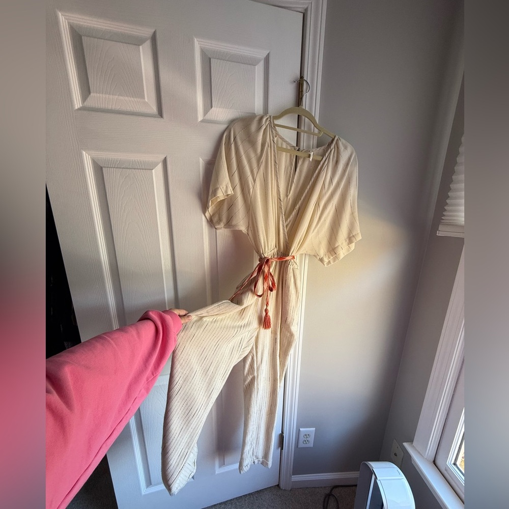 Father Bone for Anthropologie Cream Jumpsuit with Orange Tie
